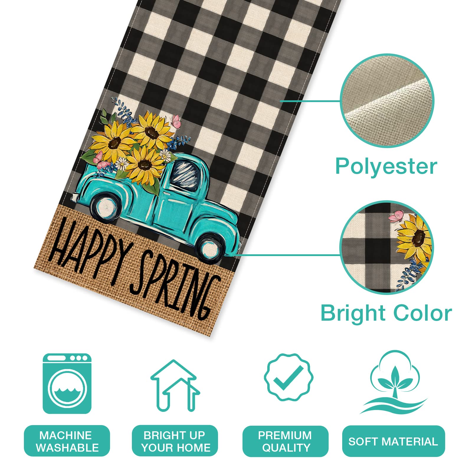 Seliem Happy Spring Blue Truck Table Runner, Black White Buffalo Check Plaid Kitchen Dining Table Decor, Sunflower Floral Flower Seasonal Burlap Farmhouse Home Decoration Party Supply 13 x 72 Inches