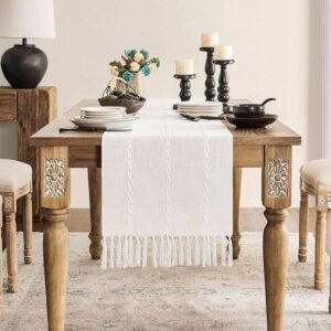 zeemart farmhouse table runner, rustic table runners 48 inches long, linen boho table runner, braided striped white table runner for dining party holiday, 15x48 inches, braided off white