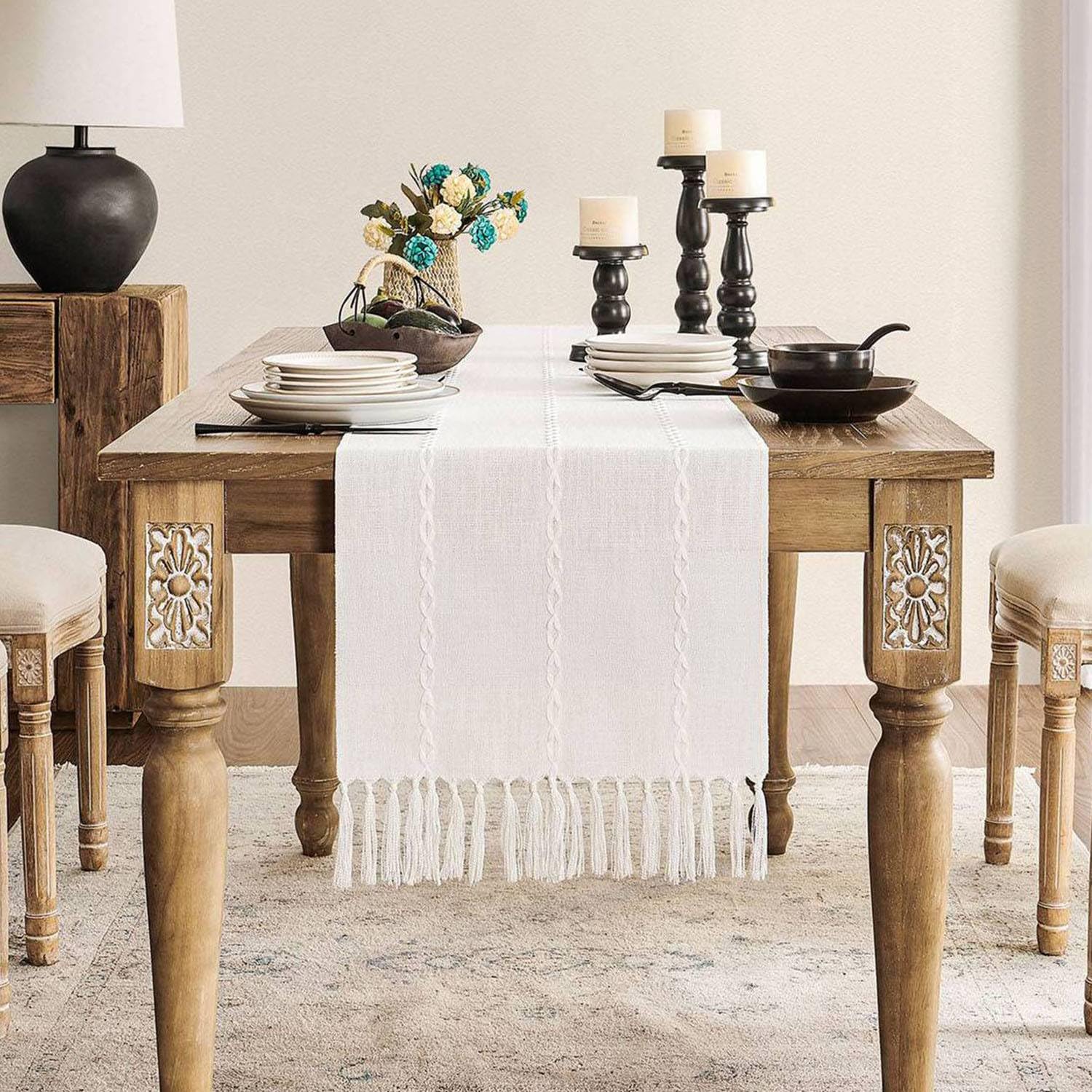 ZeeMart Farmhouse Table Runner, Rustic Table Runners 48 Inches Long, Linen Boho Table Runner, Braided Striped White Table Runner for Dining Party Holiday, 15x48 Inches, Braided Off White