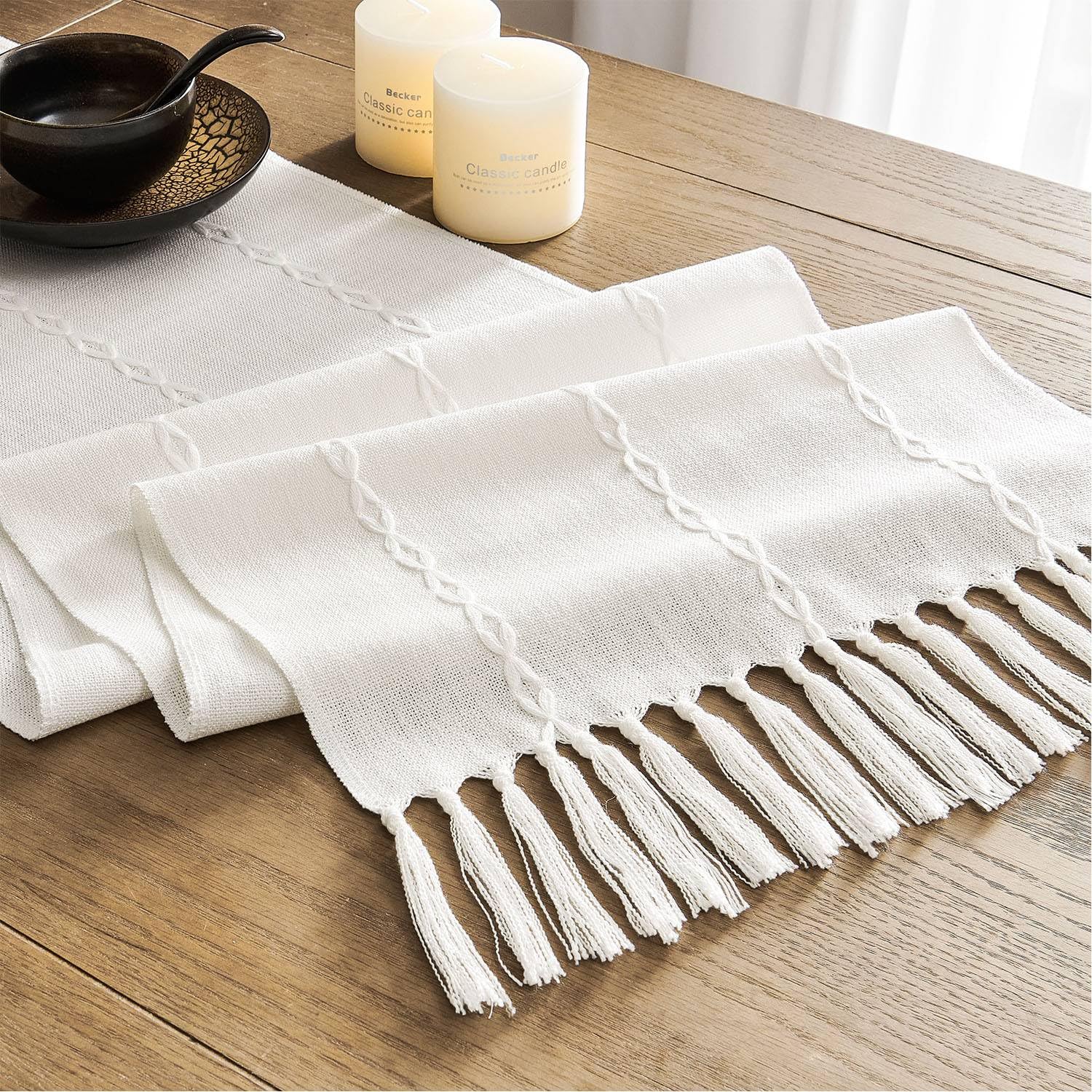 ZeeMart Farmhouse Table Runner, Rustic Table Runners 48 Inches Long, Linen Boho Table Runner, Braided Striped White Table Runner for Dining Party Holiday, 15x48 Inches, Braided Off White