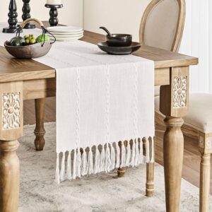 ZeeMart Farmhouse Table Runner, Rustic Table Runners 48 Inches Long, Linen Boho Table Runner, Braided Striped White Table Runner for Dining Party Holiday, 15x48 Inches, Braided Off White