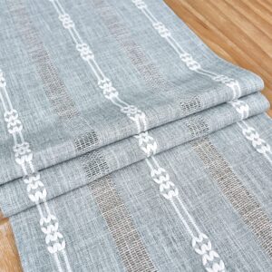 Farmhouse Braided Striped Linen Table Runner Rustic Hollow Woven Embroidered Boho Rectangle Table Runners for Dining Table Dresser Decor Grey and Blue 13x36inch