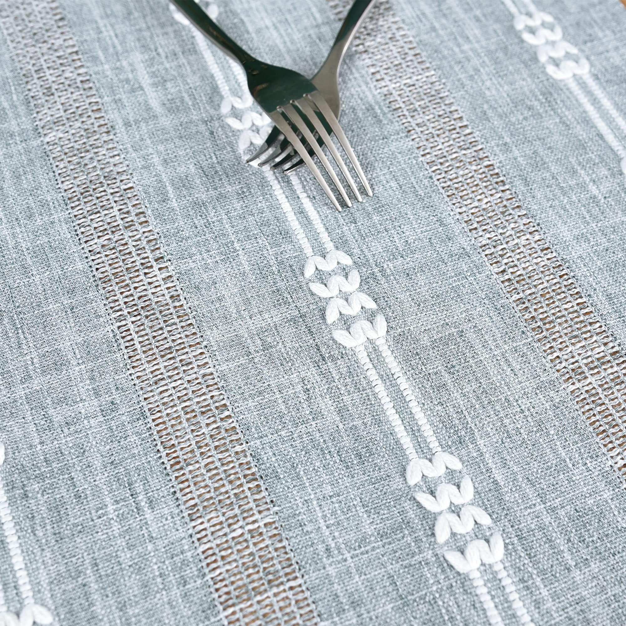 Farmhouse Braided Striped Linen Table Runner Rustic Hollow Woven Embroidered Boho Rectangle Table Runners for Dining Table Dresser Decor Grey and Blue 13x36inch