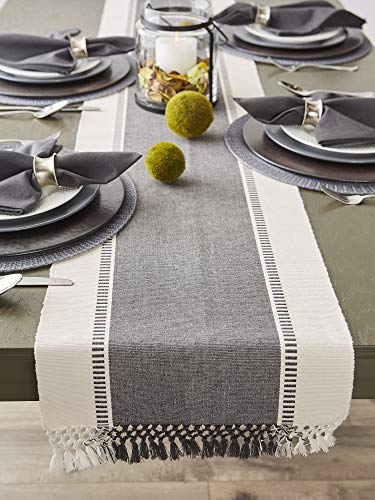 DII Dobby Stripe Woven Table Runner, 13x108 (13x113.5, Fringe Included), Mineral Gray