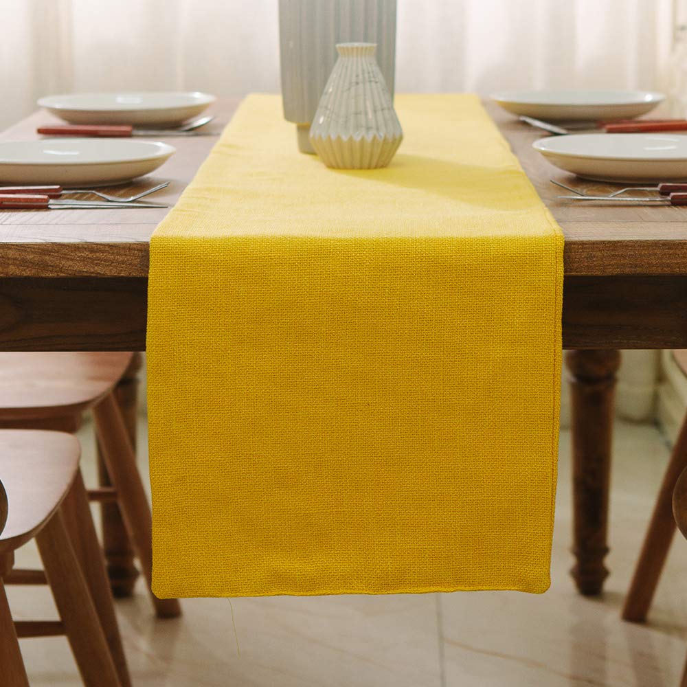 2 Piece Fabric in 1 Dining Table Runner 12 x 36 inches Living Room Dinner Wedding Birthday Party Burlap Rustic Table Runner, Yellow