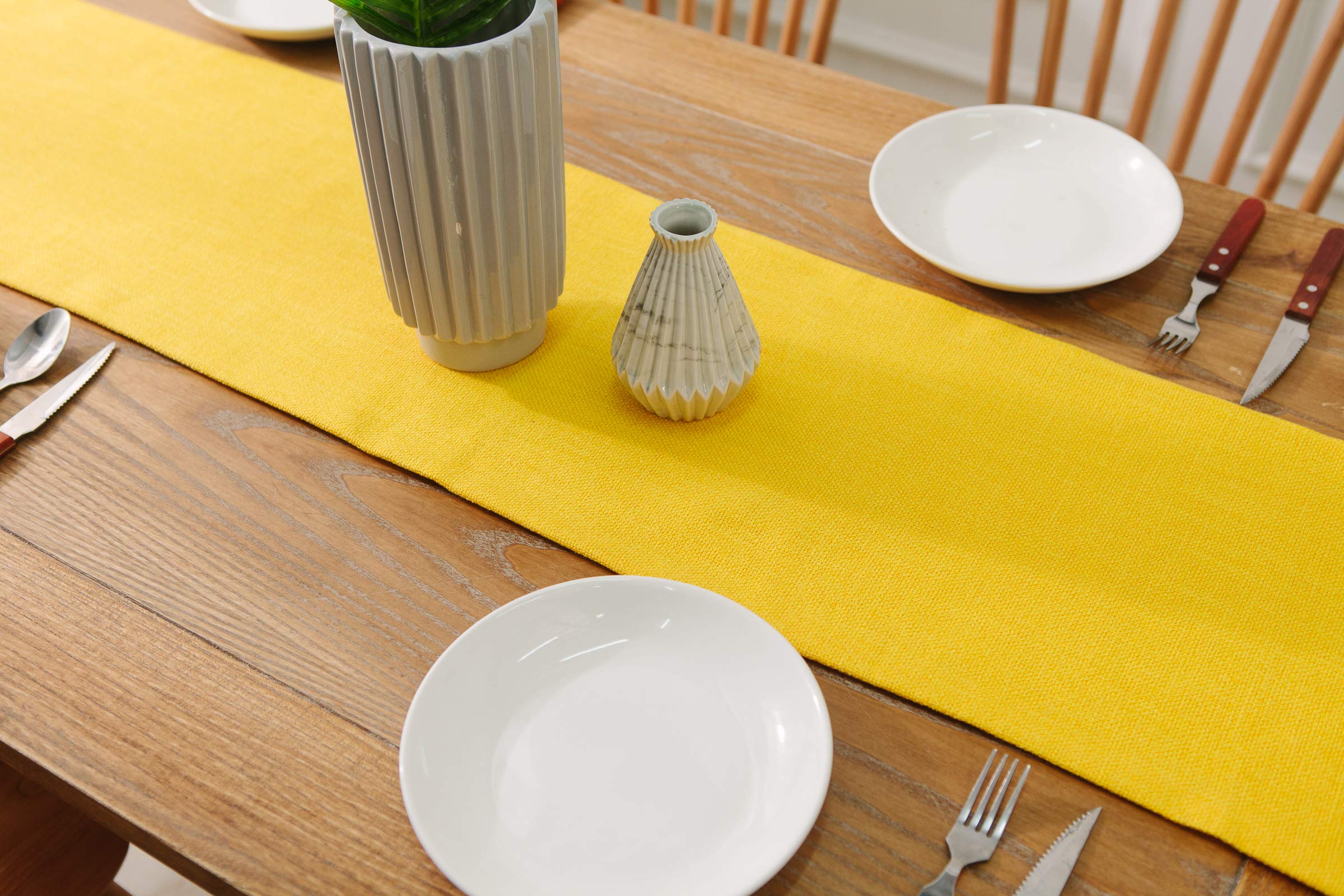 2 Piece Fabric in 1 Dining Table Runner 12 x 36 inches Living Room Dinner Wedding Birthday Party Burlap Rustic Table Runner, Yellow