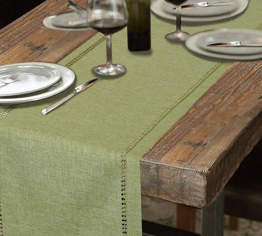 Grelucgo Handcrafted Solid Color Dining Table Runner, Dresser Scarf, Double-Hemstitched (Sage Green, 14 x 54)