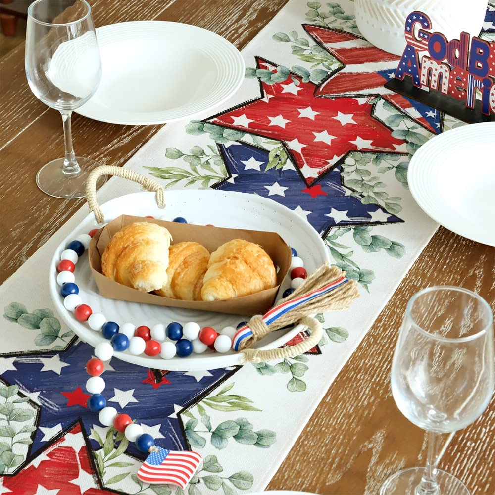 GEEORY 4th of July Decorations Eucalyptus Table Runner 13x72 Inch America Stars and Stripes Table Runners Patriotic Runners Memorial Day Decor for Indoor Outdoor Dinner Party Décor GT092