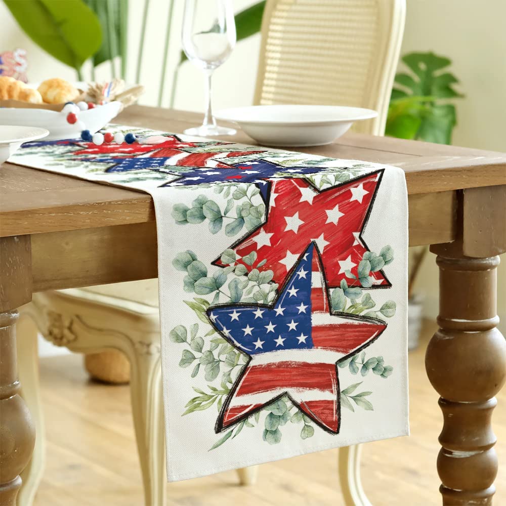 GEEORY 4th of July Decorations Eucalyptus Table Runner 13x72 Inch America Stars and Stripes Table Runners Patriotic Runners Memorial Day Decor for Indoor Outdoor Dinner Party Décor GT092