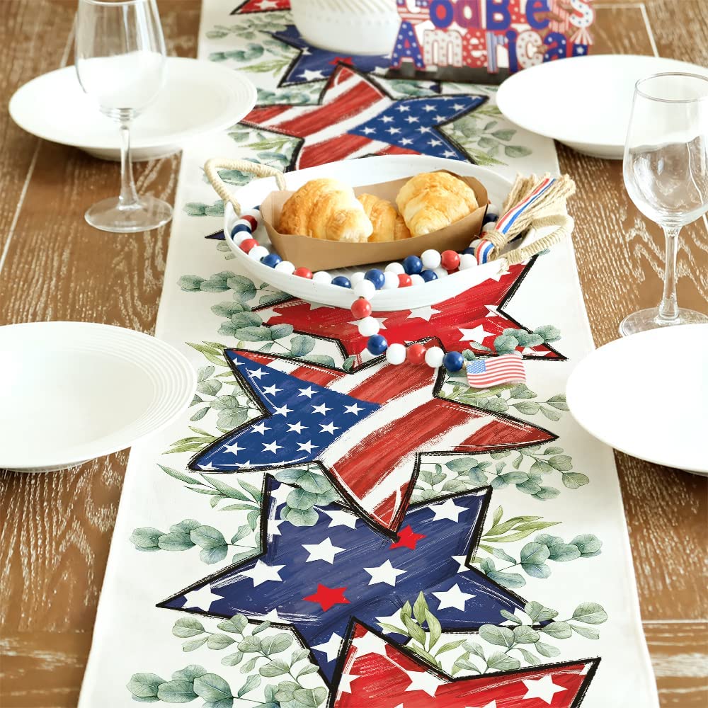 GEEORY 4th of July Decorations Eucalyptus Table Runner 13x72 Inch America Stars and Stripes Table Runners Patriotic Runners Memorial Day Decor for Indoor Outdoor Dinner Party Décor GT092