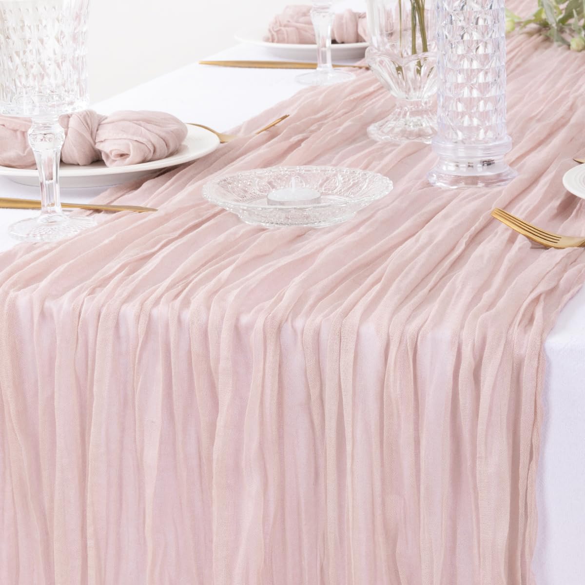 DeZerlor Dusty Pink Cheesecloth Table Runner Boho Gauze Table Runner Rustic Sheer Table Runner 120 inches Long for Wedding Bridal Baby Shower Spring Table Decor