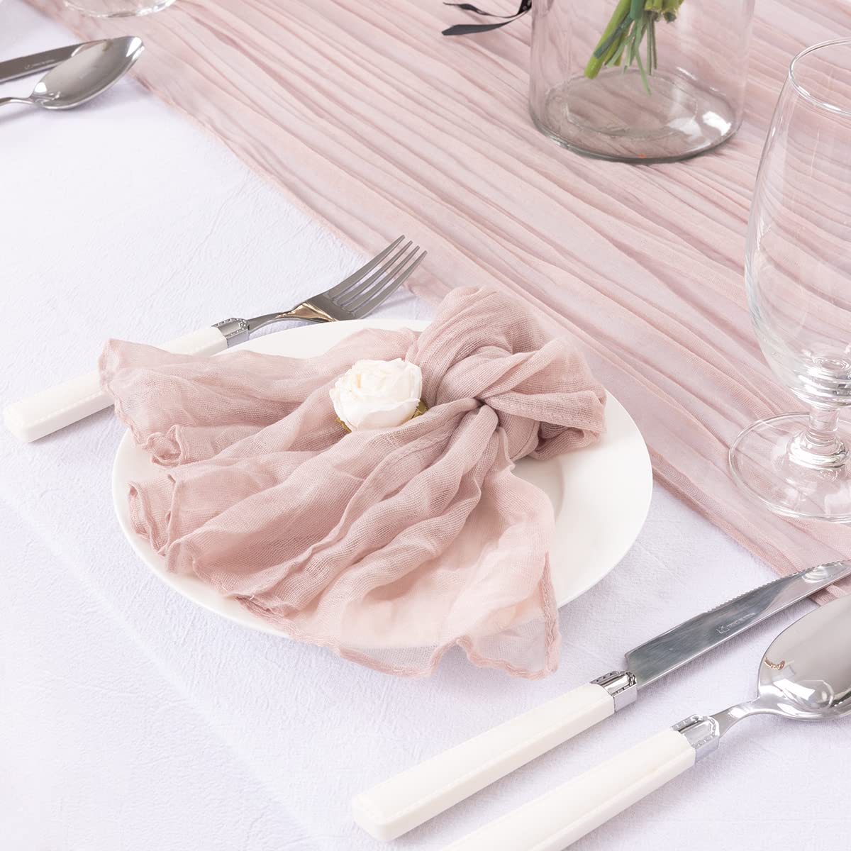 DeZerlor Dusty Pink Cheesecloth Table Runner Boho Gauze Table Runner Rustic Sheer Table Runner 120 inches Long for Wedding Bridal Baby Shower Spring Table Decor