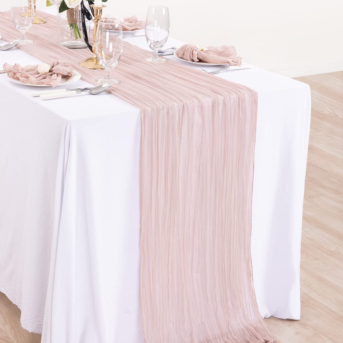 DeZerlor Dusty Pink Cheesecloth Table Runner Boho Gauze Table Runner Rustic Sheer Table Runner 120 inches Long for Wedding Bridal Baby Shower Spring Table Decor