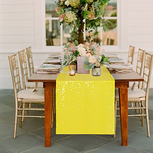 DUOBAO Yellow Sequin Table Runner 12x72 Inches Pack of 5 Event Table Runner Sequence Table Runners Linen Table Cover Overlay Glitter Party Table Runners (12x72-Inch, Yellow)