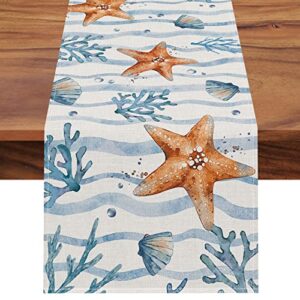 seliem summer sea starfish conch coral table runner, coastal ocean wave stripes kitchen dining table decor, nautical spring seasonal beach home decoration indoor outdoor party supply 13 x 72 inches