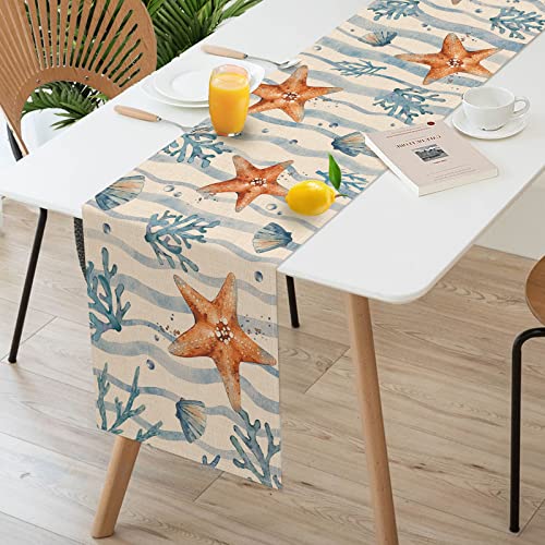 Seliem Summer Sea Starfish Conch Coral Table Runner, Coastal Ocean Wave Stripes Kitchen Dining Table Decor, Nautical Spring Seasonal Beach Home Decoration Indoor Outdoor Party Supply 13 x 72 Inches