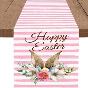 sping table runner 13x72 inches, easter floral table runner with pink stripe for easter spring holiday dining table party decorations events