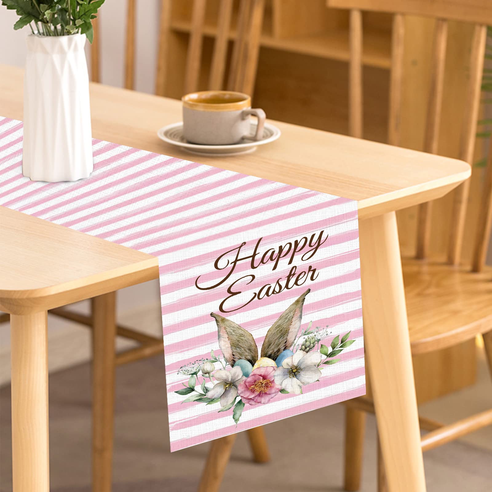 Sping Table Runner 13x72 Inches, Easter Floral Table Runner with Pink Stripe for Easter Spring Holiday Dining Table Party Decorations Events