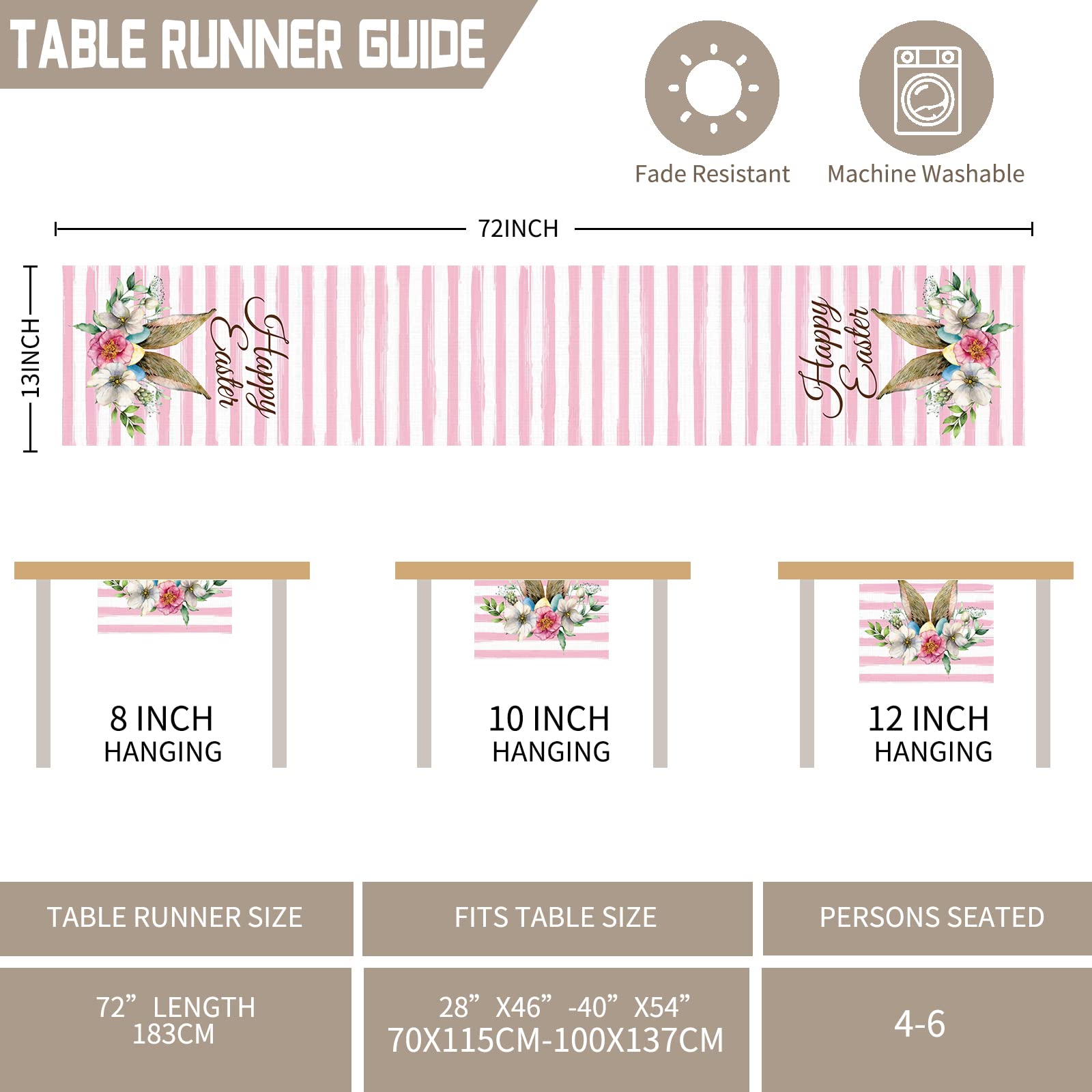 Sping Table Runner 13x72 Inches, Easter Floral Table Runner with Pink Stripe for Easter Spring Holiday Dining Table Party Decorations Events