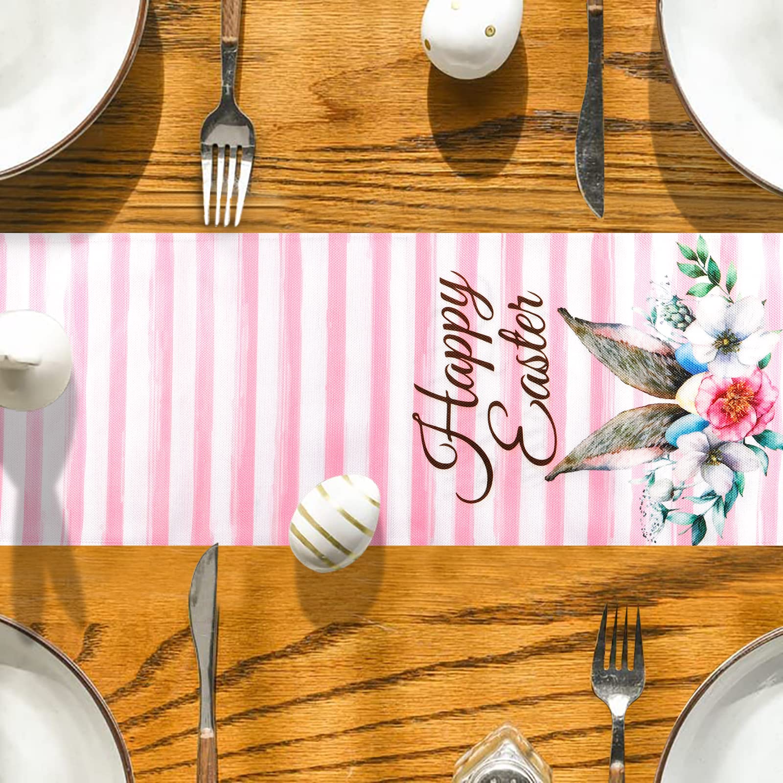 Sping Table Runner 13x72 Inches, Easter Floral Table Runner with Pink Stripe for Easter Spring Holiday Dining Table Party Decorations Events