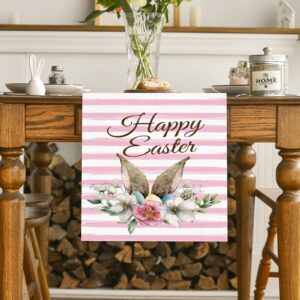 Sping Table Runner 13x72 Inches, Easter Floral Table Runner with Pink Stripe for Easter Spring Holiday Dining Table Party Decorations Events