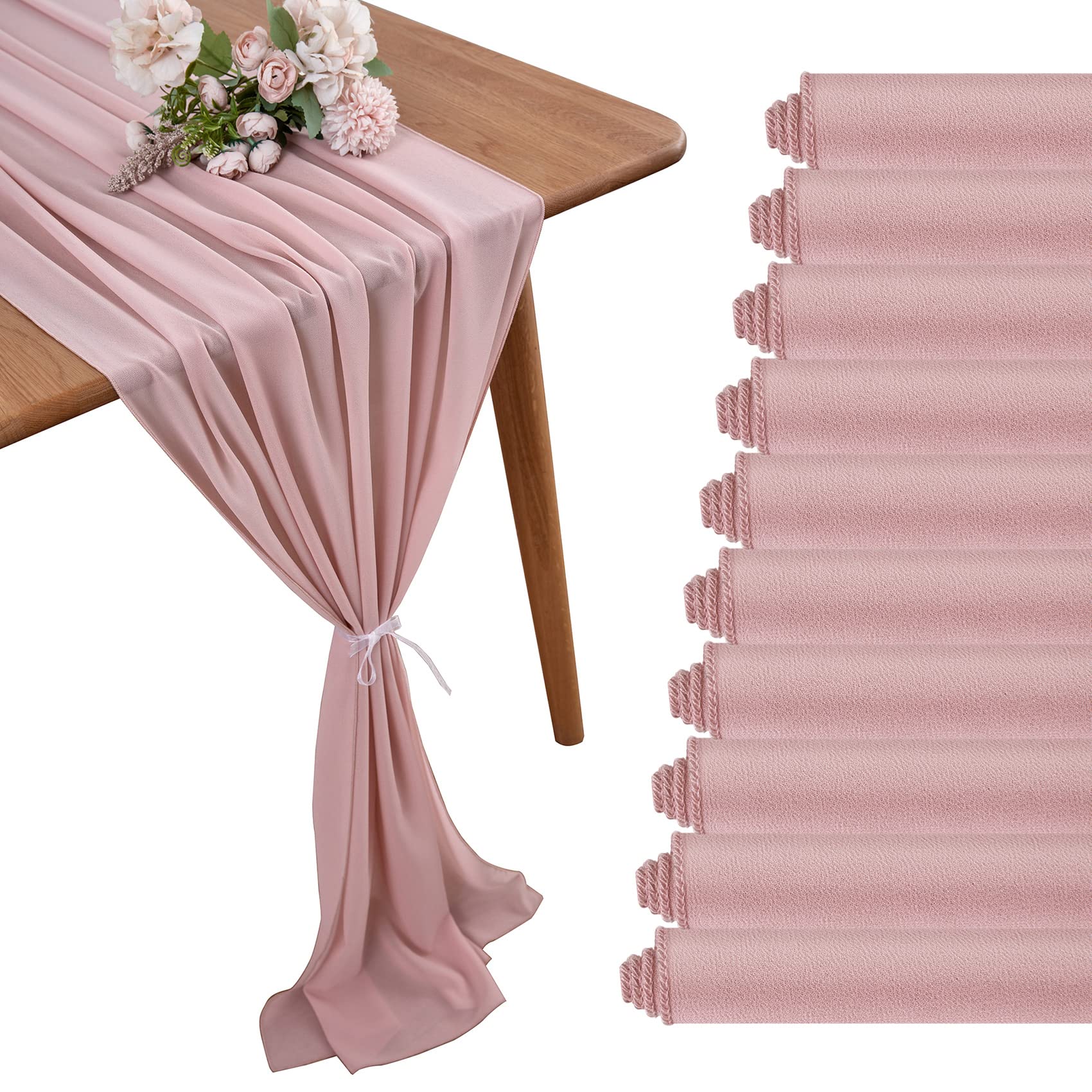 BEDDEB 10 Pack Dusty Rose Chiffon Table Runner 10Ft Sheer Wedding Table Runner 29x120 Inches Romantic Tulle Table Runner for Rustic Wedding Decor Birthday Party Bridal Baby Shower Table Decoration