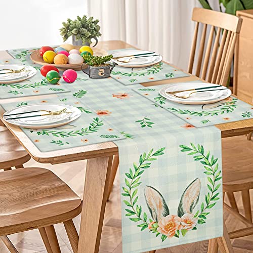 FRAMICS Easter Table Runner with Placemats Set of 4 Cute Plaid Bunny Rabbit Ears Flowers Table Runners and Table Mats Spring Linen Table Decor 14x72 Inches for Gathering Home Party Dinner