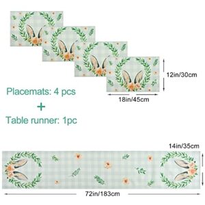 FRAMICS Easter Table Runner with Placemats Set of 4 Cute Plaid Bunny Rabbit Ears Flowers Table Runners and Table Mats Spring Linen Table Decor 14x72 Inches for Gathering Home Party Dinner