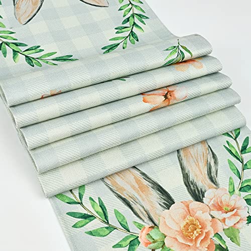 FRAMICS Easter Table Runner with Placemats Set of 4 Cute Plaid Bunny Rabbit Ears Flowers Table Runners and Table Mats Spring Linen Table Decor 14x72 Inches for Gathering Home Party Dinner