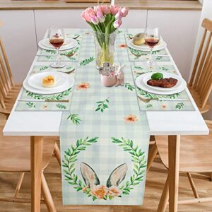 FRAMICS Easter Table Runner with Placemats Set of 4 Cute Plaid Bunny Rabbit Ears Flowers Table Runners and Table Mats Spring Linen Table Decor 14x72 Inches for Gathering Home Party Dinner