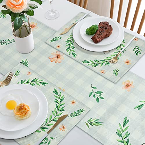 FRAMICS Easter Table Runner with Placemats Set of 4 Cute Plaid Bunny Rabbit Ears Flowers Table Runners and Table Mats Spring Linen Table Decor 14x72 Inches for Gathering Home Party Dinner