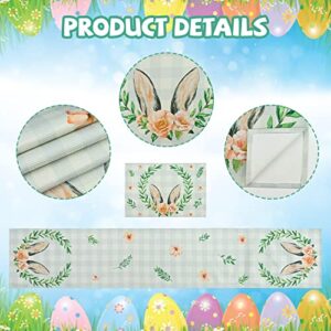 FRAMICS Easter Table Runner with Placemats Set of 4 Cute Plaid Bunny Rabbit Ears Flowers Table Runners and Table Mats Spring Linen Table Decor 14x72 Inches for Gathering Home Party Dinner