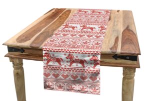 ambesonne nordic table runner, pattern of horses hearts and angels norwegian motifs winter time, dining room kitchen rectangular runner, 16" x 90", vermilion white