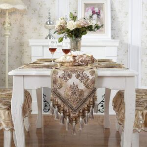 vctops vintage luxury jacquard damask floral table runners tea table decoration with multi-tassels 13"x69" beige