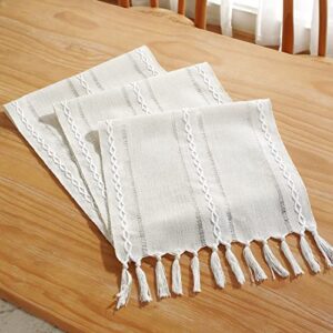 Chassic Rustic Farmhouse Style Linen Table Runner, Boho Handmade Tassel Embroidered Table Runners 108 Inches Long for Holiday Party, Wedding and Dining Decorations, 13 x 108 inch - Ivory