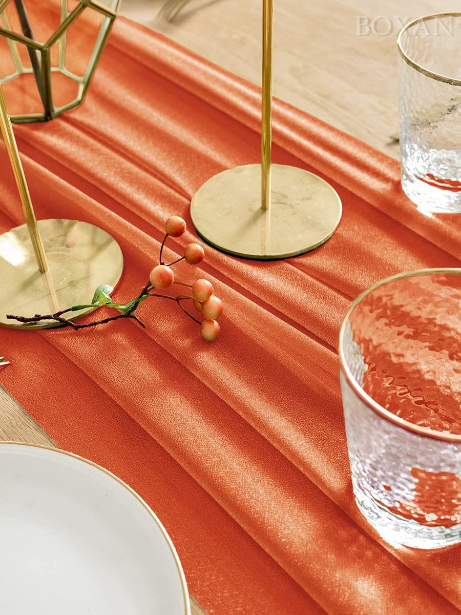 BOXAN Gorgeous Burnt Orange Sheer Table Runner 30x120 Inch for Romantic Wedding Decor, Bridal Shower, Birthday Party, Fall Vintage Autumn Thankgiving Dining Table Decorations