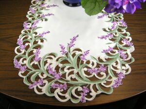 banberry designs embroidered table runner with lavender lilac flowers on cream, approx. 14 by 34 inch, machine washable