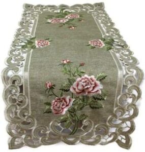 doily boutique table runner with a pink roses and sage green burlap linen material, size 53 x 15 inches