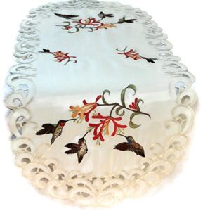 doily boutique table runner embroidered with hummingbirds on ivory material, size 54 x15 inches