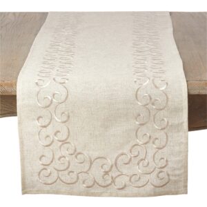 saro lifestyle swirling collection embroidered design linen blend table runner, 16" x 72", natural