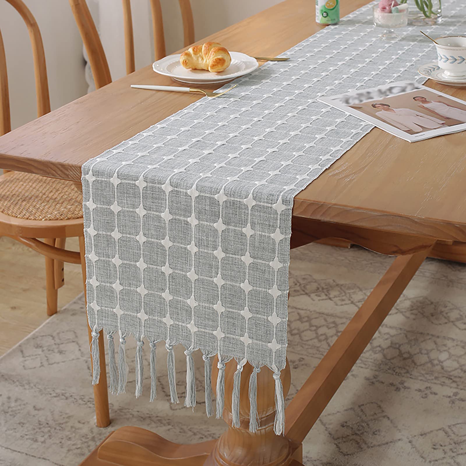 Hsvanyr Farmhouse Rustic Table Runners with Tassels Rectangle Embroidered Dresser Scarf for Kitchen Dining Picnic Coffee Table,13inch by 118inch