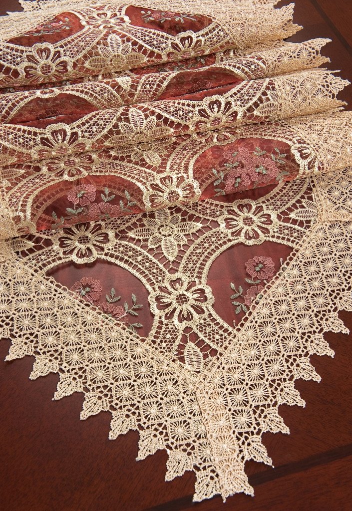 Simhomsen Antique Gold Lace Table Runner Embroidered Burgundy Organza 16 × 90 Inch