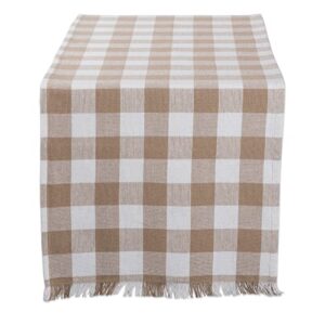 dii heavyweight fringed check tabletop collection, table runner, 14x72, stone brown
