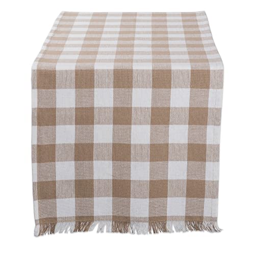 DII Heavyweight Fringed Check Tabletop Collection, Table Runner, 14x72, Stone Brown