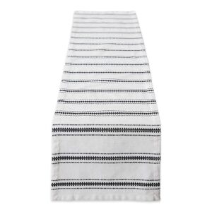 dii zig dobby tabletop collection, white cotton background with embellished stripe, table runner, 14x72, black