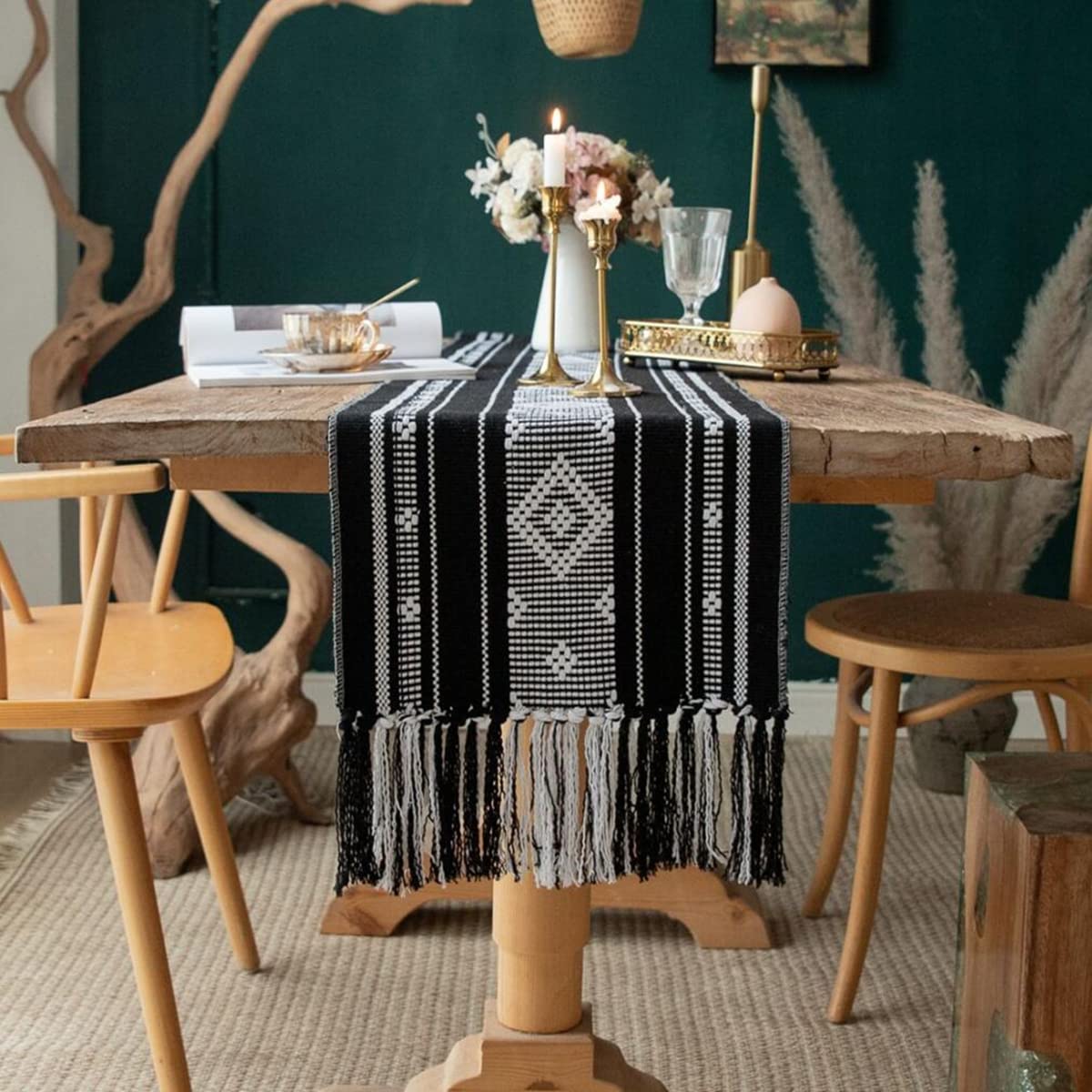 vgunama Boho Table Runner with Tassel 13.5x71Inch, Farmhouse Style Woven Table Runners, Linen Table Runner for Bedroom Party (Black and White)