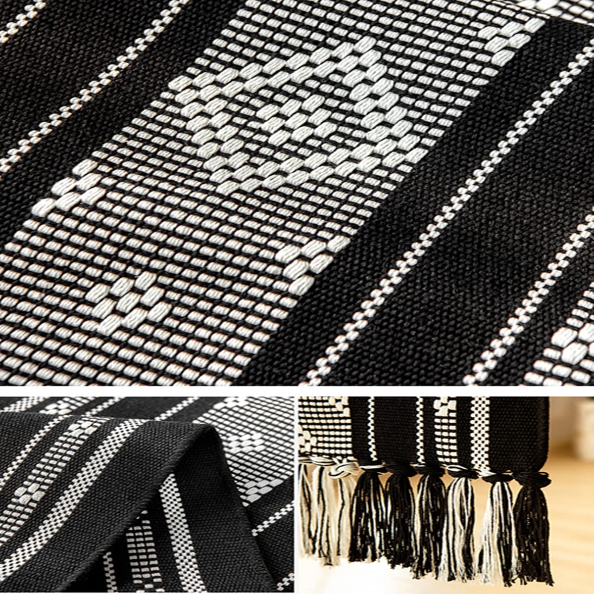 vgunama Boho Table Runner with Tassel 13.5x71Inch, Farmhouse Style Woven Table Runners, Linen Table Runner for Bedroom Party (Black and White)