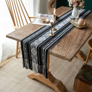 vgunama Boho Table Runner with Tassel 13.5x71Inch, Farmhouse Style Woven Table Runners, Linen Table Runner for Bedroom Party (Black and White)