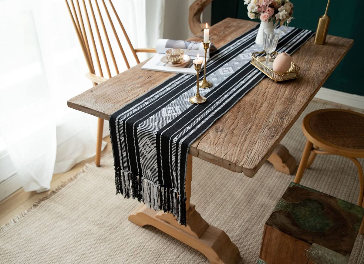 vgunama Boho Table Runner with Tassel 13.5x71Inch, Farmhouse Style Woven Table Runners, Linen Table Runner for Bedroom Party (Black and White)