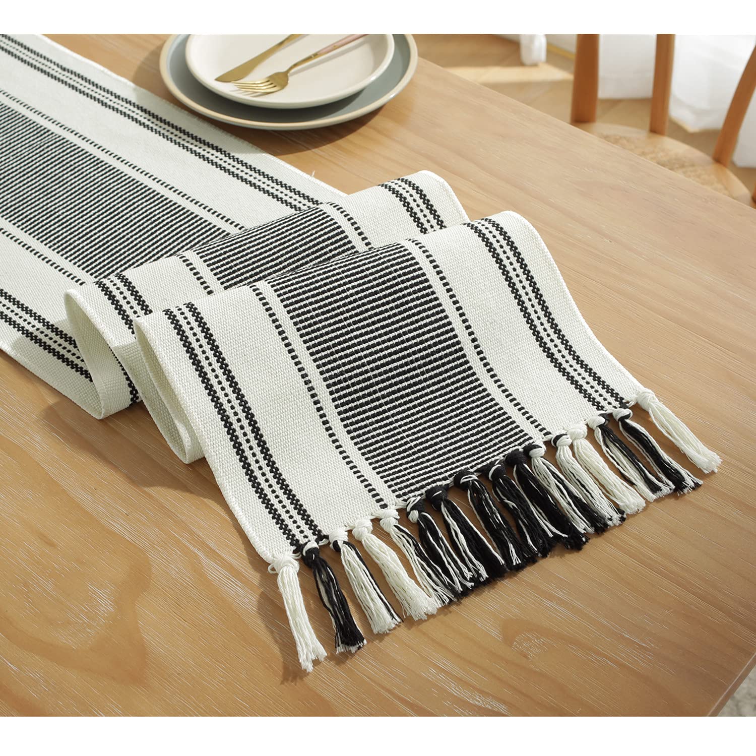 Caflife Boho Table Runner Balck and White for Modern Farmhouse Decor, Natural Cotton Woven Runner with Tassels for Home Dining Table décor 13 x 72 Inch Long